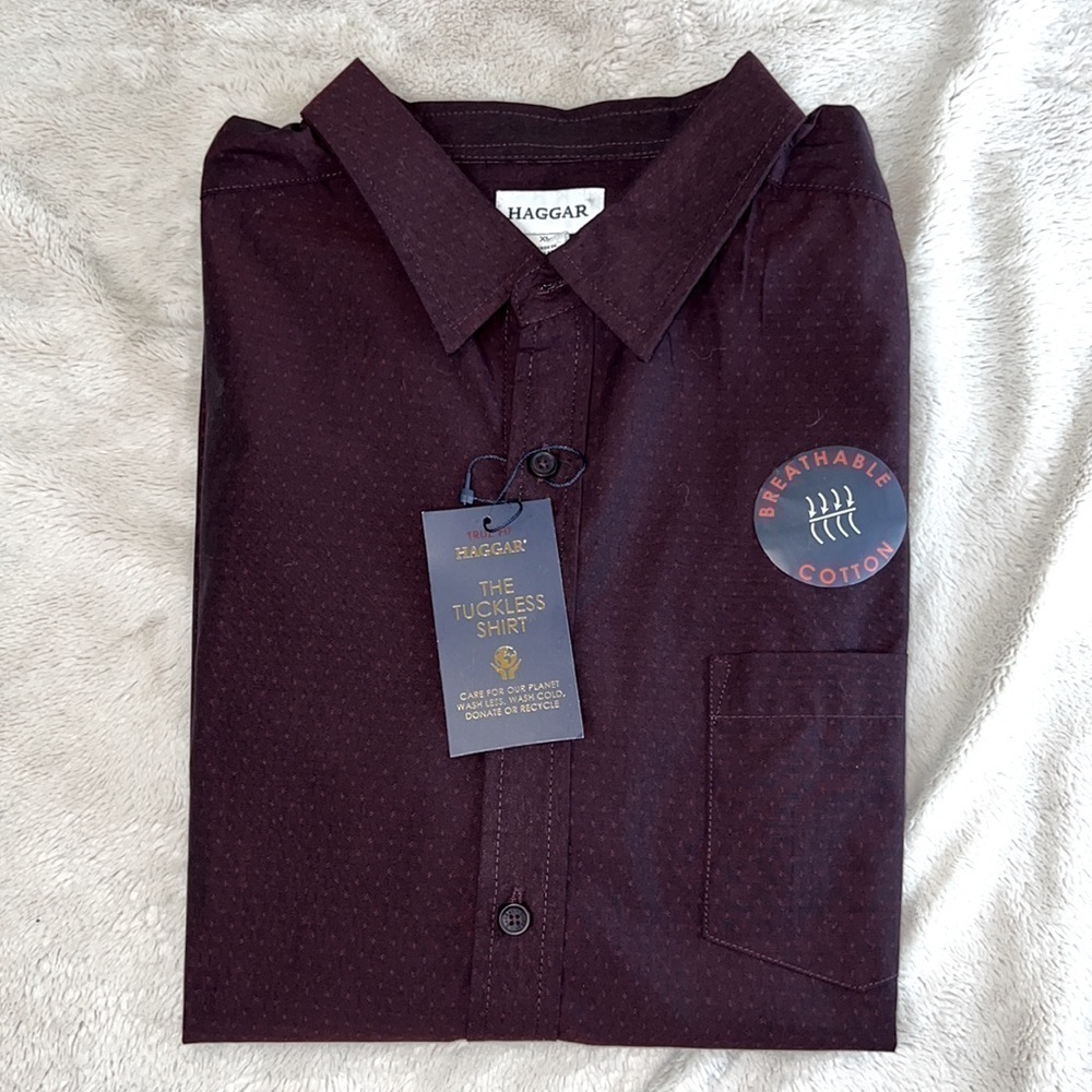 Haggar Tuckless Burgundy Short Sleeve Cotton Button Down Shirt - Size XL, NWT - Picture 3 of 10